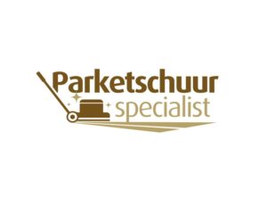 Logo van Parketschuur Specialist met schuurmachine symbool