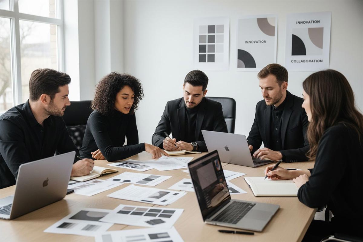 Bedrijfsteam bespreekt een briefpapier ontwerp