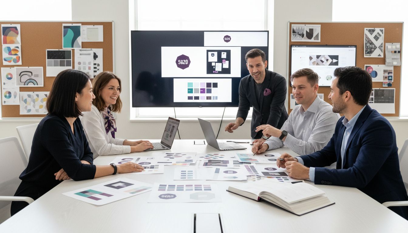 Team overlegt over het ontwerpen van een nieuwe huisstijl