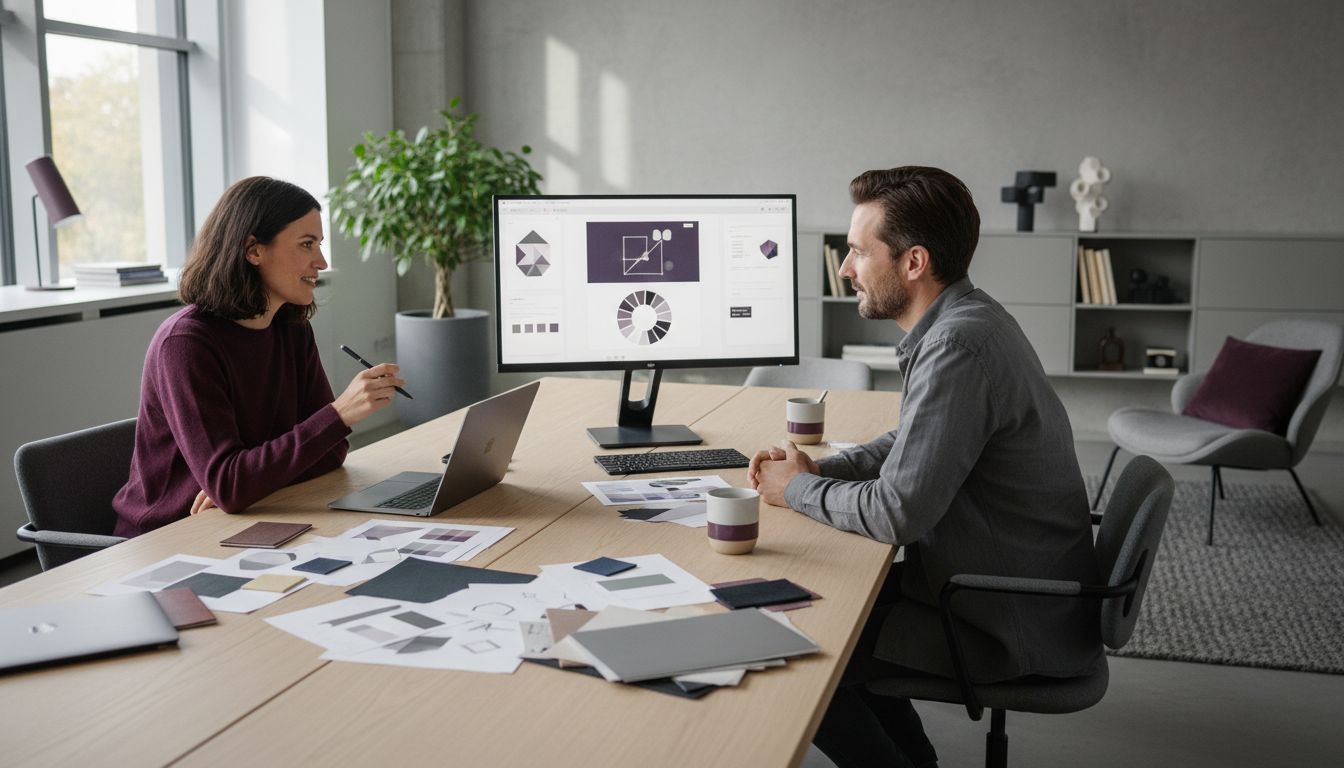 Twee ondernemers in bespreking over de diverse huisstijl ontwerp tools