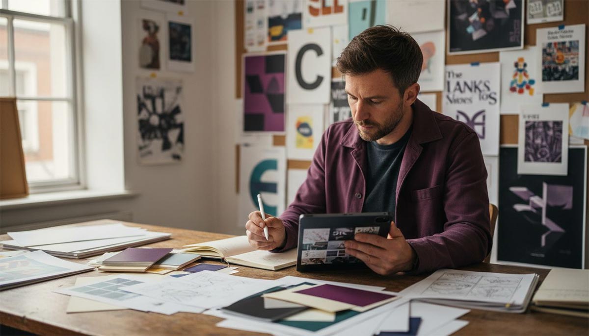 Ontwerper selecteert ontwerpen uit zijn portfolio