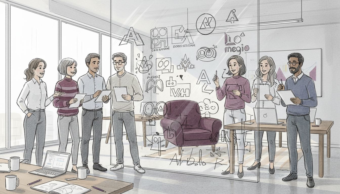 Team van ondernemers bekijkt voorbeelden van bedrijfslogos