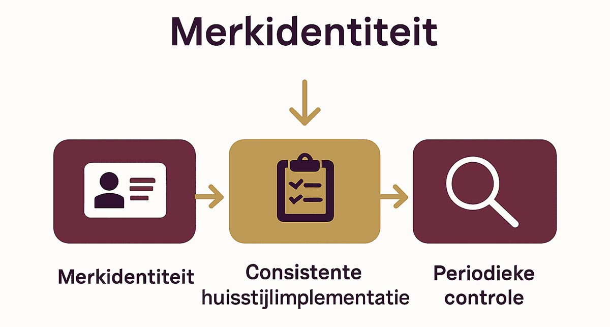 Infographic met drie stappen huisstijl: identiteit, implementatie, controle.