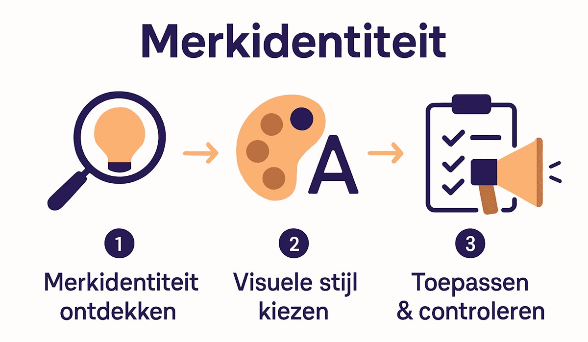 Infographic stapsgewijs huisstijlproces met drie iconen