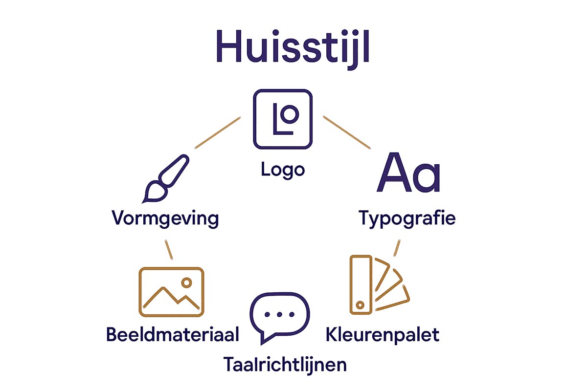 Infographic met zes pijlers van een complete huisstijl in icoonvorm